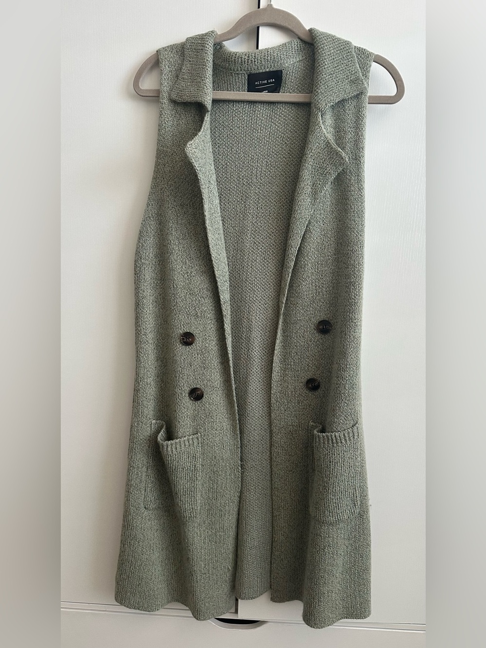 Active USA Olive Knit Sleeveless Cardigan Vest with Pockets